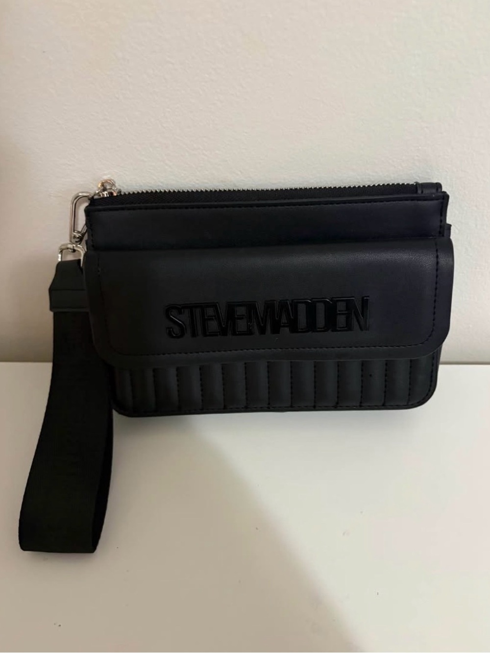 Steve Madden Black Quilted Logo Wristlet Clutch with Strap